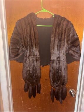 1950s vintage mink fur stole or cape wrap with hanging mink tails, Womens OSFA